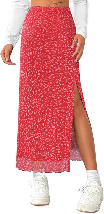 Avanova Women Boho Floral Mesh Slit Split Maxi Skirt High Waisted Sexy Long Skirts Red Floral Small
