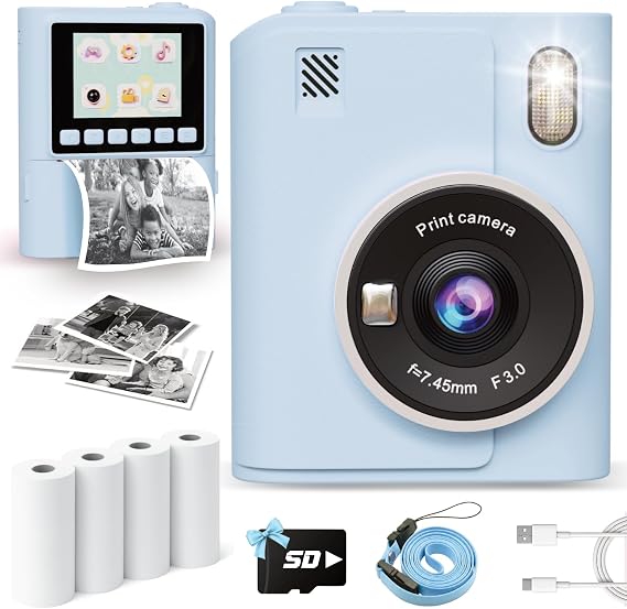 Instant Print Camera for Kids, 1080P Instant Digital Print Cameras for Toddler, Portable Toy for 4 5 6 7 8 9 10 Year Old Girl, Christmas Birthday Gifts for Girls Boys with SD Card Blue