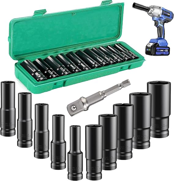 Deep Impact Socket Set,11Pcs 1/2" Socket Sets 10-24mm with Driver Socket Extension and Plastic Storage Box for Automotive Home DIY Repair (11Pcs)