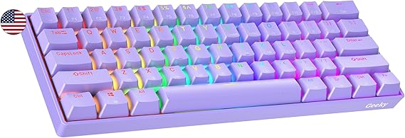 Geeky GK61 60% | Hot Swappable Mechanical Gaming Keyboard | 61 Keys Multi Color RGB LED Backlit for PC/Mac Gamer | ANSI US American Layout (Lavender, Mechanical Red)