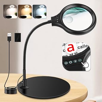 NZQXJXZ 10X 20X Desk Magnifying Glass with Light and Stand, Magnifying Lamp with 3 Color Modes Lighted Magnifying Light for Crafts Hands Free, Head Button Reading Magnifier for Books Sewing