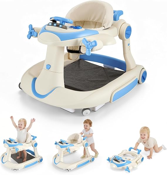 4 in 1 Foldable Baby Walker, Height Adjustable Kids Activity Push Walker Sit and Stand with 360° Quiet Wheels, Game Play Center Music Gift for Girls Boys Toddler 6 Months+