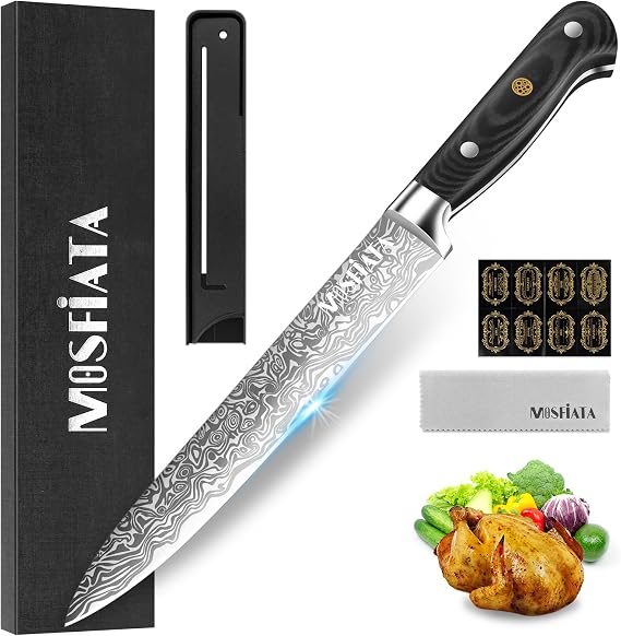 MOSFiATA 8 inch Carving Knife,Stainless Steel Brisket Slicing Knife for Meat Cutting, Razor Sharp Butcher Knife with Granton Edge for Roasts, BBQ, Turkey