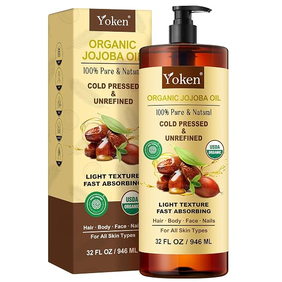 Yoken 32 fl oz (EWG Verified) 100% Pure Jojoba Carrier Oil - Unrefined, Hexane-Free, Cold Pressed for Skin, Face, Hair, Nails, and Massage