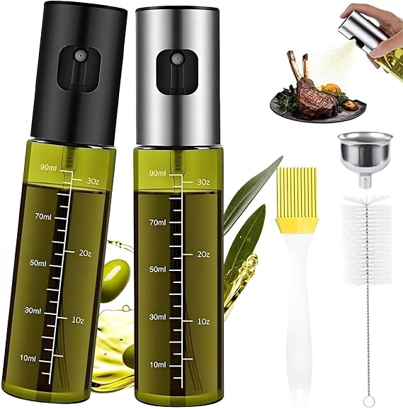 2PCS Oil Spray Bottle and Olive Oil Sprayer,100ml Glass Oil Spray, Silver and Black Caps for Easy Identification of Different Seasonings, Suitable for Air Fryers, Kitchens, Salads and BBQ
