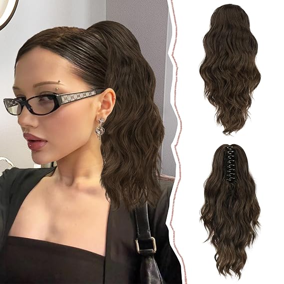 SOFEIYAN 14" Ponytail Extension, Short Wavy Claw Clip in Ponytail Hair Extension Synthetic Hairpieces Black/Chestnut Brown Mix Layered Natural Fluffy Curly Drawstring Ponytail Hair Piece for Women