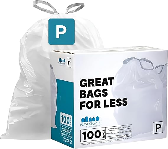 Plasticplace Custom Fit Trash Bags, Compatible with simplehuman Code P (100 Count) White Drawstring Garbage Liners 13-16 Gallon, 23.5" x 31.5"