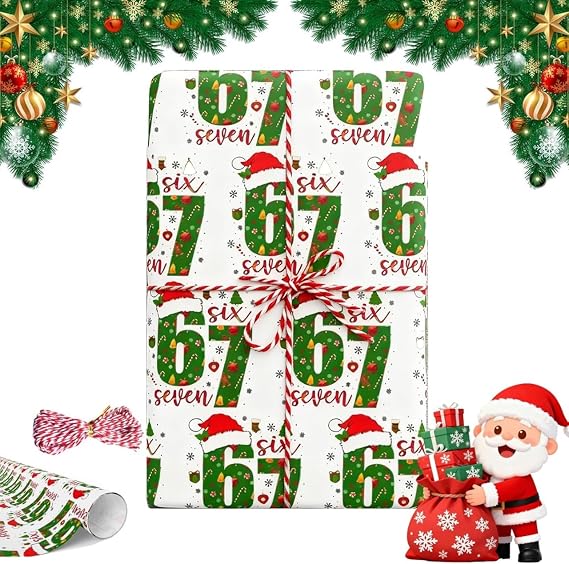 67 Christmas Wrapping Paper, 6 7 meme Wrapping Paper, 67 Meme Funny Teen Holiday Gift Wrap, Santa 67Meme GiftWrap, Unique Six Seven Festive Wrapping Papers (Set A) (White)