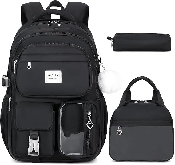 ACESAK Backpack for Girls with Lunch Box Pencil Case (Black)