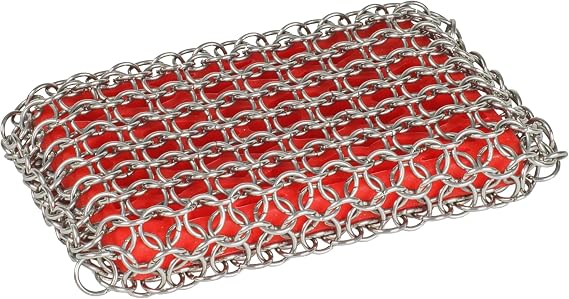 Lodge Chainmail Scrubbing Pad, Stainless Steel, Red | Heavy Duty Stainless Steel Cast Iron Scrubber with Silicone Grip, Reusable Cleaning Pad for Cookware & Kitchen