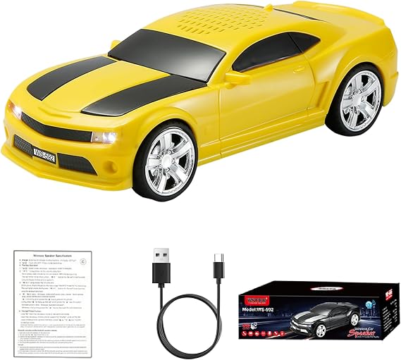 WSTER WS-592 Muscle Car Bluetooth Speaker with LED Lights (Yellow) | Muscle Car Design, HD Sound & TWS Stereo, FM Radio & USB/TF Playback, LED Lights, Built-In Mic