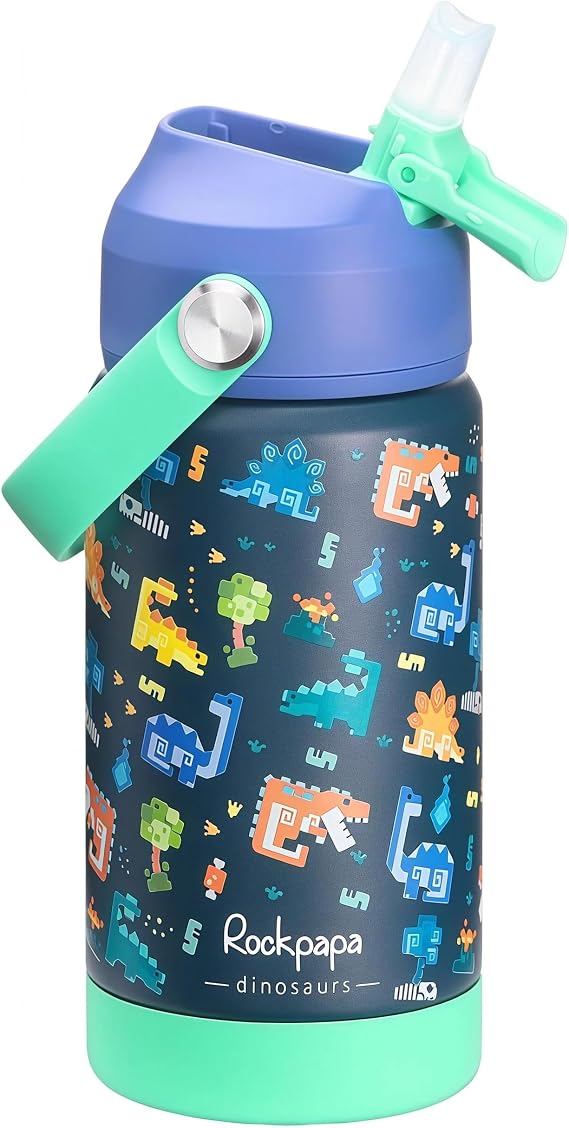 rockpapa 14oz Kids Stainless Steel Water Bottle with Straws, Dinosaur