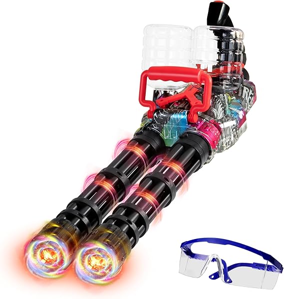 Gel Splat Blaster Gatling Toy - Dual Rotating Barrels - Colorful LED Light - Fully Automatic - 7.4V Rechargeable Battery Powered - for Ages 15+