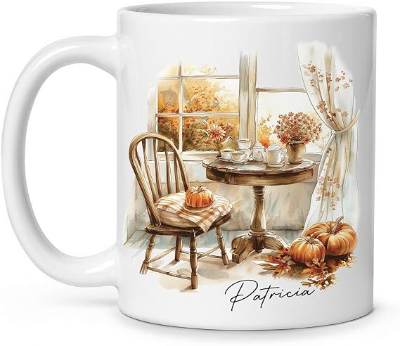 Watercolor Autumn Scenery Coffee Mug, Personalized Name On Fall Themed Mug, Unique Cup Gift For Coffee Lovers, Customized Fall Window Scenery White Mug, Custom Fall Ceramic Cup 11oz