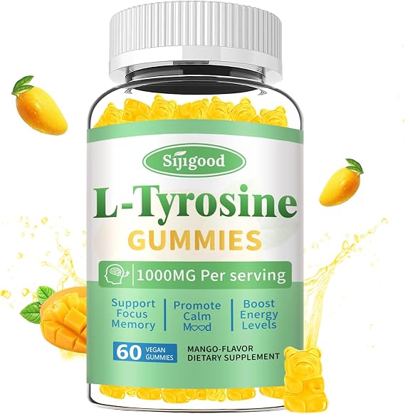L-Tyrosine Gummies for Adults and Kids - L-Tyrosine Supplement Focus Gummies for Brain, Md, Energy Support, Vegan & Gluten-Free, Mango Flavor, 60 Count