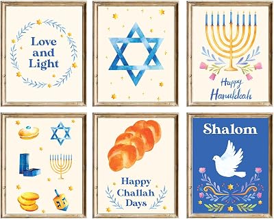 WINDVALE Hanukkah Wall Art Prints Blue Menorah Star of David Pigeon Posters Set of Happy Chanukah Wall Art Posters for Home Bedroom Living Room Bulletin Board Decor 10 x 8 Inch