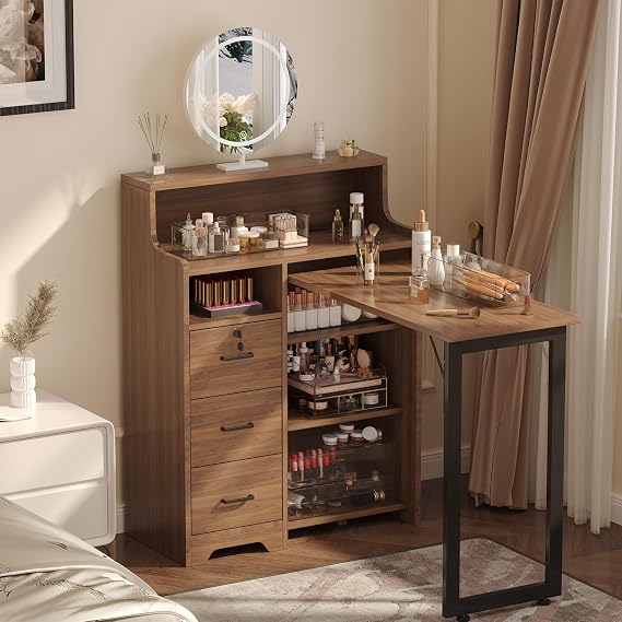 Foldable Nail Desk for Nail Tech, Portable Manicure Table, L Shape Nail Table with Power Outlets & Lockable Drawer & Shelves, Professional Nail Tech Workstation for Home Salon (Walnut)