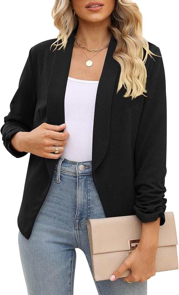 POGTMM Women's Blazer Business Casual Open Front Dressy 3/4 Ruched Sleeve Work Office Suit Jackets Blazer