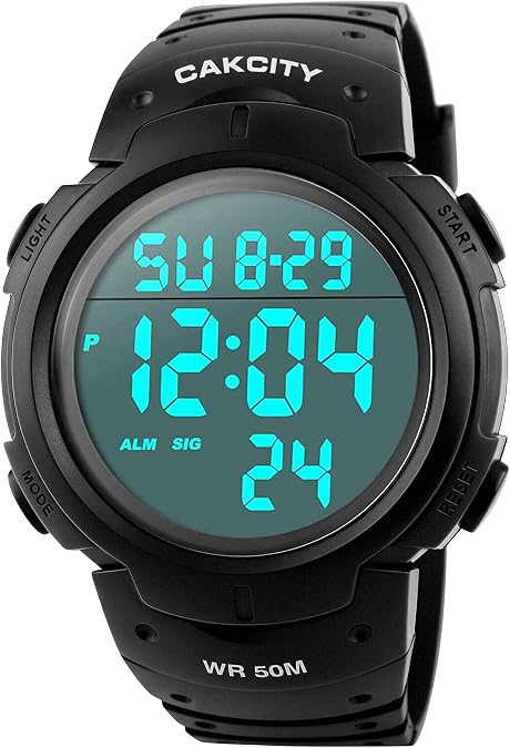 CakCity Digital Watch Mens, Waterproof Sport Wristwatch, Referee Stopwatch | 50mm large face,50m water resistant,stopwatch,alarm,el backlight,black,ideal for outdoor work,running training, daily wear