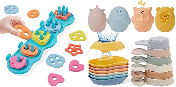 Silicone Color and Shape Sorting & Stacking Toys & 16PCS Baby Bath Toys