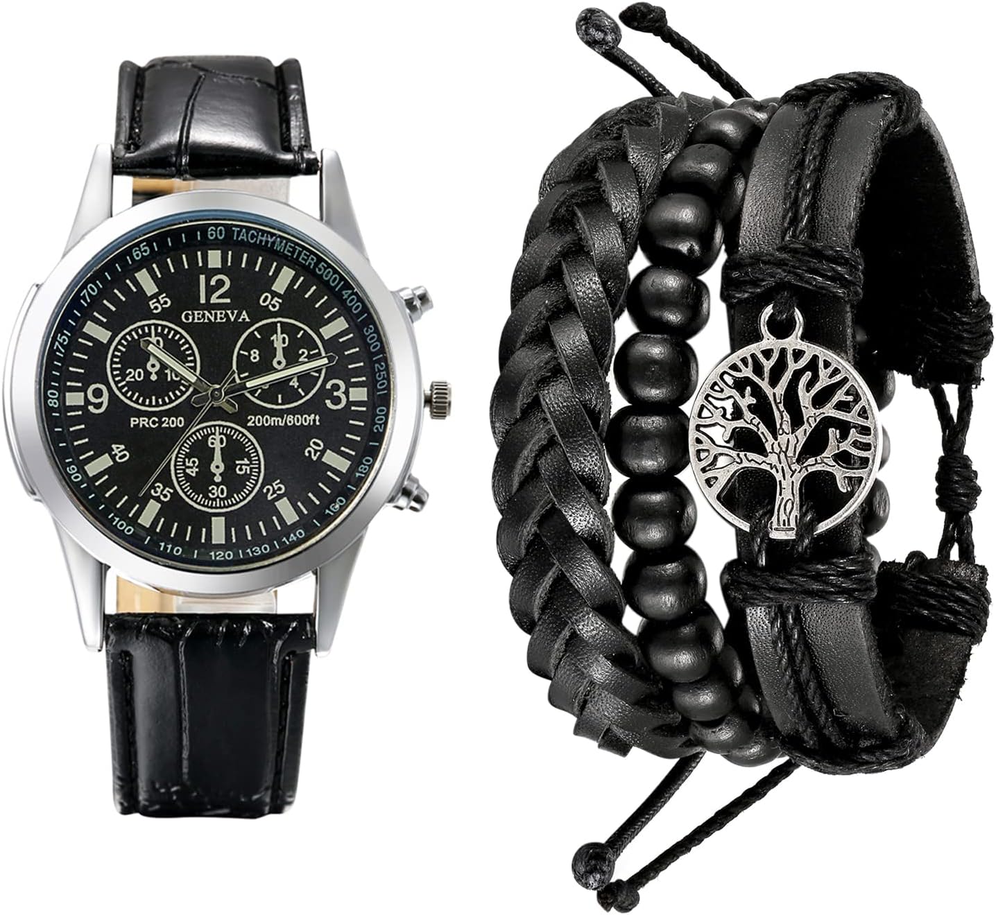 OIDEA Leather Mens Watch Bracelet Set: Chronograph Quartz Analog Wrist Watches for Men Multi Layer Braid Life Tree Leather Bracelet Valentines Day Gift for Him