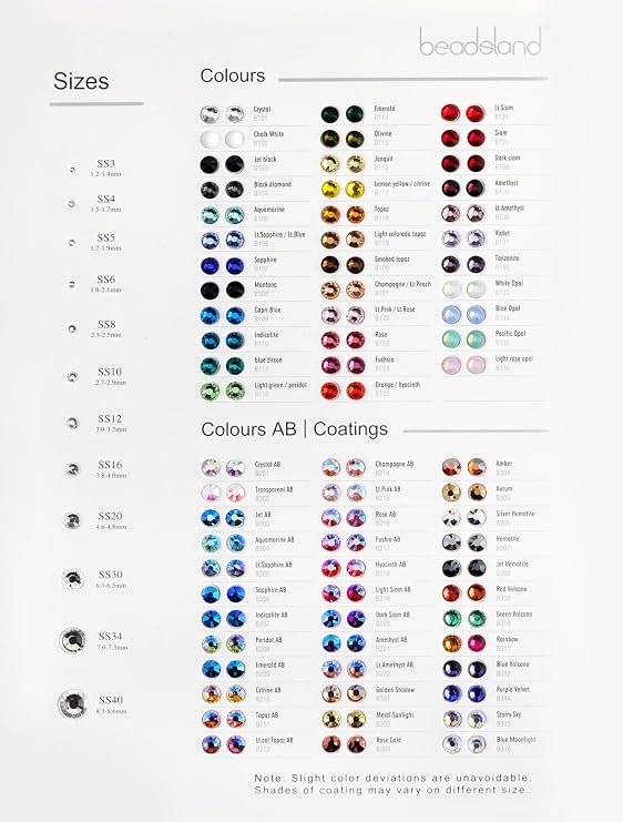 Beadsland Flat Back Rhinestones Sample Card Color Chart