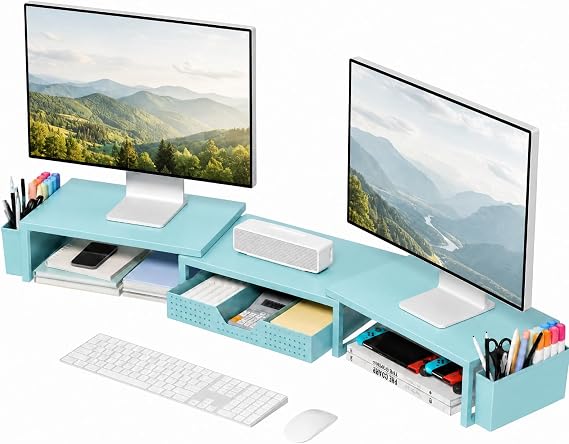 Desk Organizers and Accessories, Dual Monitor Stand Riser with Drawer and 2 Pen Holders, Desk Shelf Computer Racks for Office Workspace Organizers, Desktop Organization (Blue) | Metal Computer Monitor Stand, Desk Shelf Storage Fits 2 Monitors for Laptop, Printer, TV, Home Office (Blue)