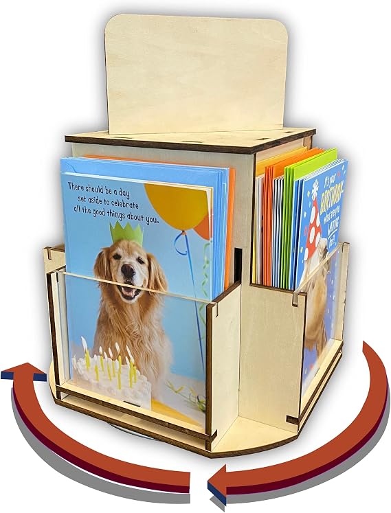 Rotating Greeting Card Display Stand, 1 Tier Wooden Organizer, 4-Sided Display Rack 360 Degree Spinning Multi-Pocket Display for Coasters, Stickers, Retail, Showcase, Tradeshow, 12.5H (Natural)