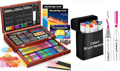 Caliart 153-Pack Deluxe Wooden Art Set, 18 Colors Brush & Chisel Double Tip Alcohol Art Markers, Drawing Pens Permanent Markers Mothers Day Gift for Mom Kids Art