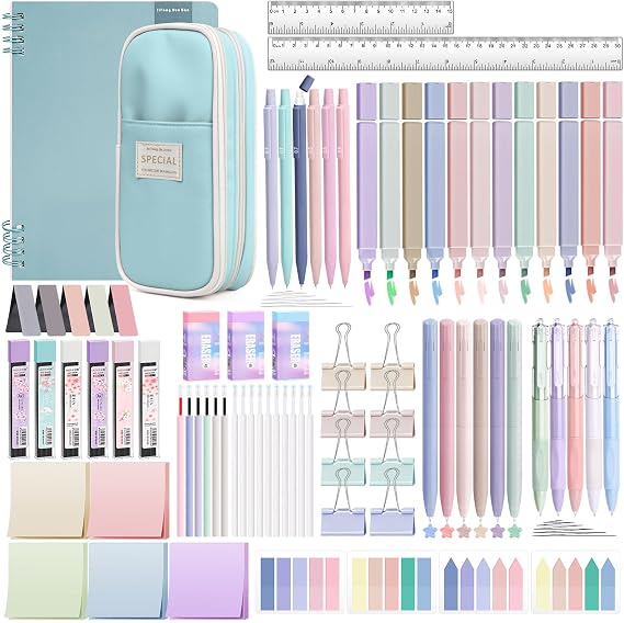 80 PCS Aesthetic Stationery Supplies with Blue Pencil Case & Notebook, 12 Pastel Highlighters, 6 Colour Pens, 5 Black Pens, 6 Mechanical Pencils, Stationery Set for School Office