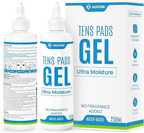 AUVON Professional Conductive Gel Specialized for TENS Unit Pads, Odorless | Electrode Gel with Optimal Hydration for Muscle Stimulator & EMS Pads, Skin-Friendly & Water-Based for Safe Use, 2 x 250ml
