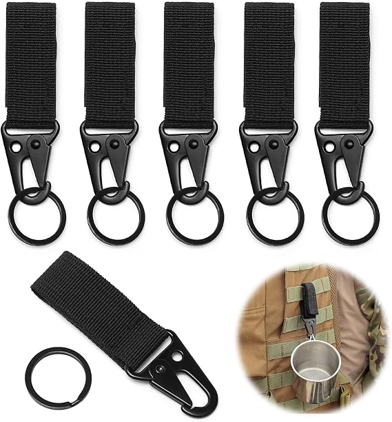 Pack of 6 Belt Carabiner Hooks Tactical Key Chain Nylon Belt Clip Carabiner Black for Tactical Belt Accessories Belt Vest and Backpacks