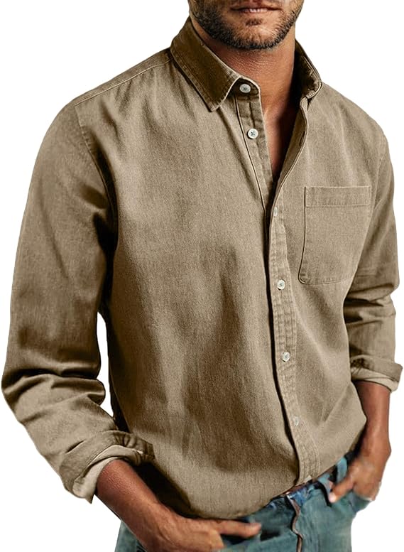 Button Down Shirts for Men Casual Long Sleeve Lapel Dress Shirt Vintage Washed Wrinkle-Free Fashion Tops with Pocket