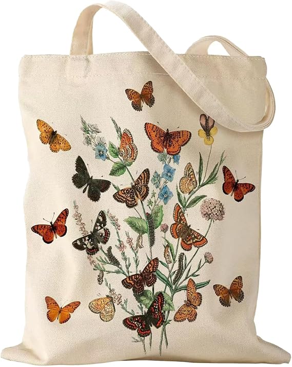 Printed Butterfly Floral Canvas Tote Bag 35 x 38 cm Natural Cotton Floral Design Cream Colour