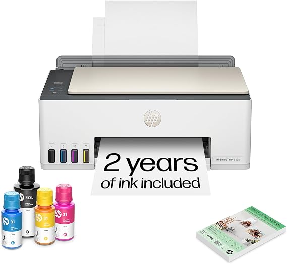 HP Smart Tank 5103 Wireless All-in-One Ink Tank Printer, Scanner,2 Years of Ink, 100 Sheets of Photo Paper Included, Cartridge-Free, Refillable, AI-Enabled (5D1B2A)