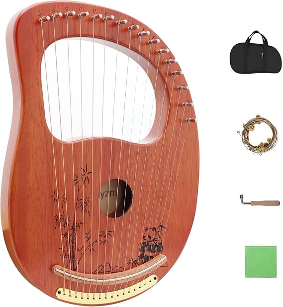 Rayzm Lyre Harp, Solid Wood Mahogany Lyre Musical Instrument, Portable 16 Metal Strings Lye Harp for Adult/Beginners