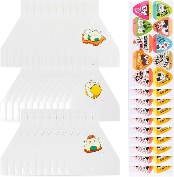 100 Pcs Onigiri Wrappers with Stickers Triangle Plastic Disposable Rice Balls Bags Easy Tear for Japanese Sushi Onigiri