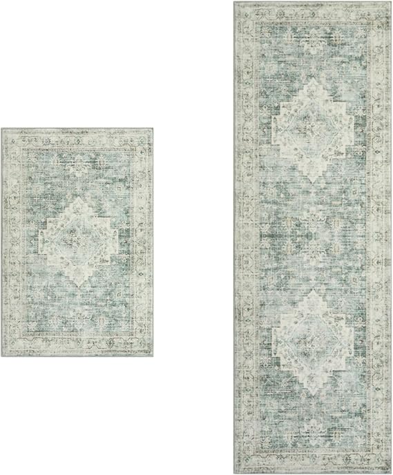 LIVEBOX Washable 2 Piece Set 2.5'x8'+2'x3' Rug,Boho Kitchen Rug Runner Entryway Rug, Low-Pile Accent Rug for Bedroom, Non-Slip Soft Carpet Throw Rug for Bathroom,Sage Green