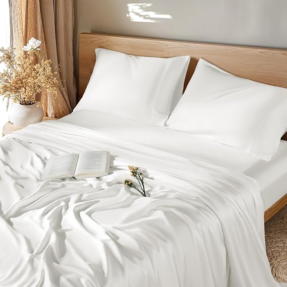 LBRO2M 100% Mulberry Silk Satin Sheets Set King Size Silk Fitted Sheet16 Deep Pocket Cool Bedding Sheet 4 Piece Wrinkle Resistant (King, White)