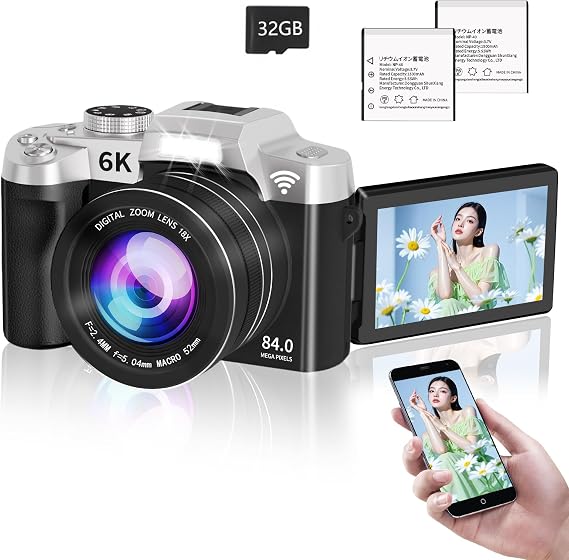 2026 Strongest 6K Recording Digital Camera, 84 Megapixel Digital Camera, Transfer to Smartphone, Wi-Fi Transfer, Compact Camera, 180° Rotation, Display, Auto 18x Digital Zoom, Focus, Selfie LED Light, Webcam, 3.0 inch LCD Screen, Micro SD Card Included, 2 Batteries, SLR, Portable, Convenient, Students, Beginners, School Trip, Black