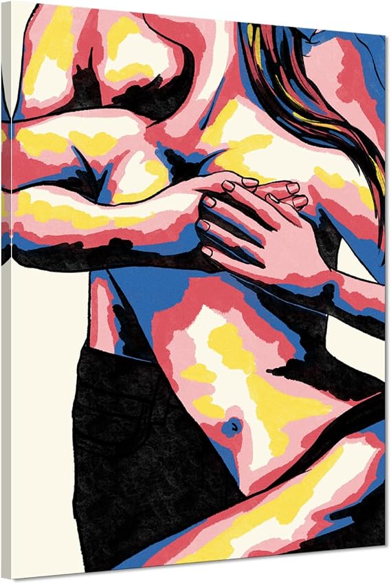Sexy Couple Wall Art - Nude Man And Woman Embracing Canvas Prints Abstract Lovers Painting Colorful Picture Sensual Bedroom Wall Decor Naked Artwork Modern Home Decoration, Framed 12"x 16"