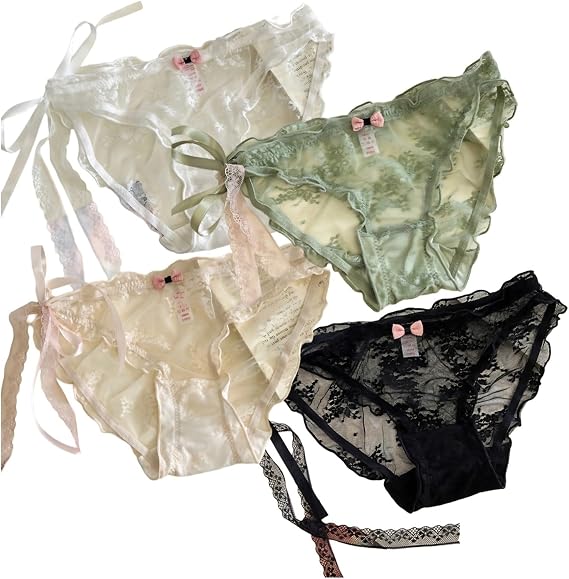 Womens Lace Bikini Panties, Low Rise Floral Mesh Underwear with Side Tie Bow Soft Stretch Briefs Cotton Crotch