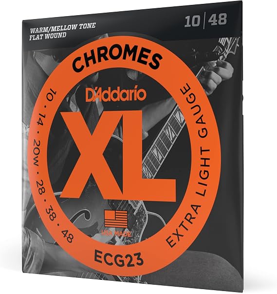 D'Addario Guitar Strings - XL Chromes Electric Guitar Strings - Flat Wound - Polished for Ultra-Smooth Feel and Warm, Mellow Tone - ECG23 - Extra Light, 10-48, 1-Pack