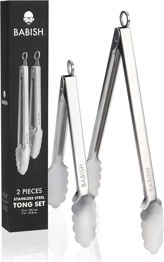 Babish 2-Piece Locking Kitchen Tongs Set 12 & 9 Stainless Steel Cooking Tongs with Non-Slip Grip Heavy-Duty BBQ, Grilling & Serving Tools