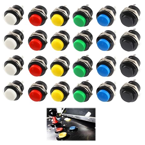 Mini Momentary Push Button Switches, 24 PCS Round Push Buttons 16mm, Self-Resetting Mini Push Buttons, Red, Green, Yellow, Blue, White, Black, 3a 250v Ac, 2-Pole For Automotive, Gaming And Industr