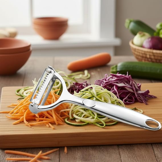 Stainless Steel Peeler and Shredder. With durable, rust-resistant steel blades and a comfortable handle, this multi-purpose tool helps you peel carrots, potatoes, and fruits faster (1 pcs).