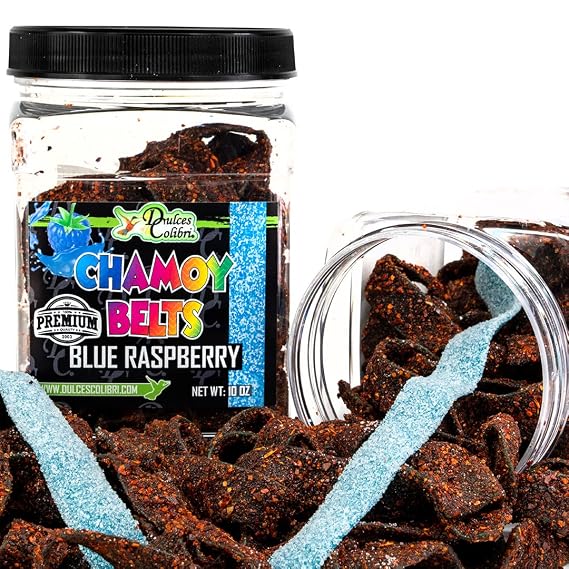 Dulces Colibri - Premium Blueberry Chamoy Belts | Dry Chamoy Coated Gummies | Mess Free | Handmade to Order | Long Lasting Flavor | 10oz Jar | Mix & Match Eligible