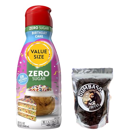 Premium Liquid Coffee Creamer 32 fl oz Bottle of Creamy Smooth Non-Dairy Creamer with D.A. Coffee Whole CoffeeBean Medium/Dark 1 oz (Birthday Cake Zero Sugar) Coffee