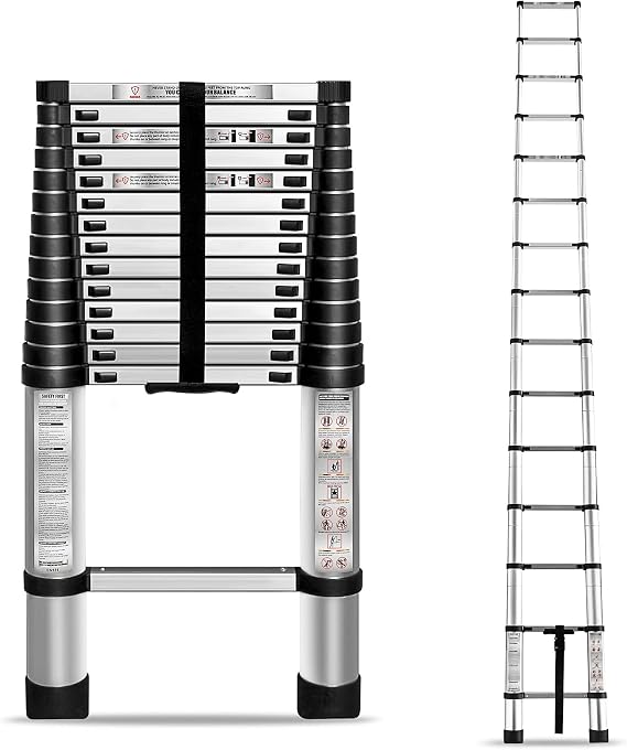 HOSTIC 14.5 FT Telescoping Ladder 330 lbs Capacity Heavy Duty Aluminum Extendable Ladder Collapsible Locking Mechanism for Attic Household Use Outdoor Work