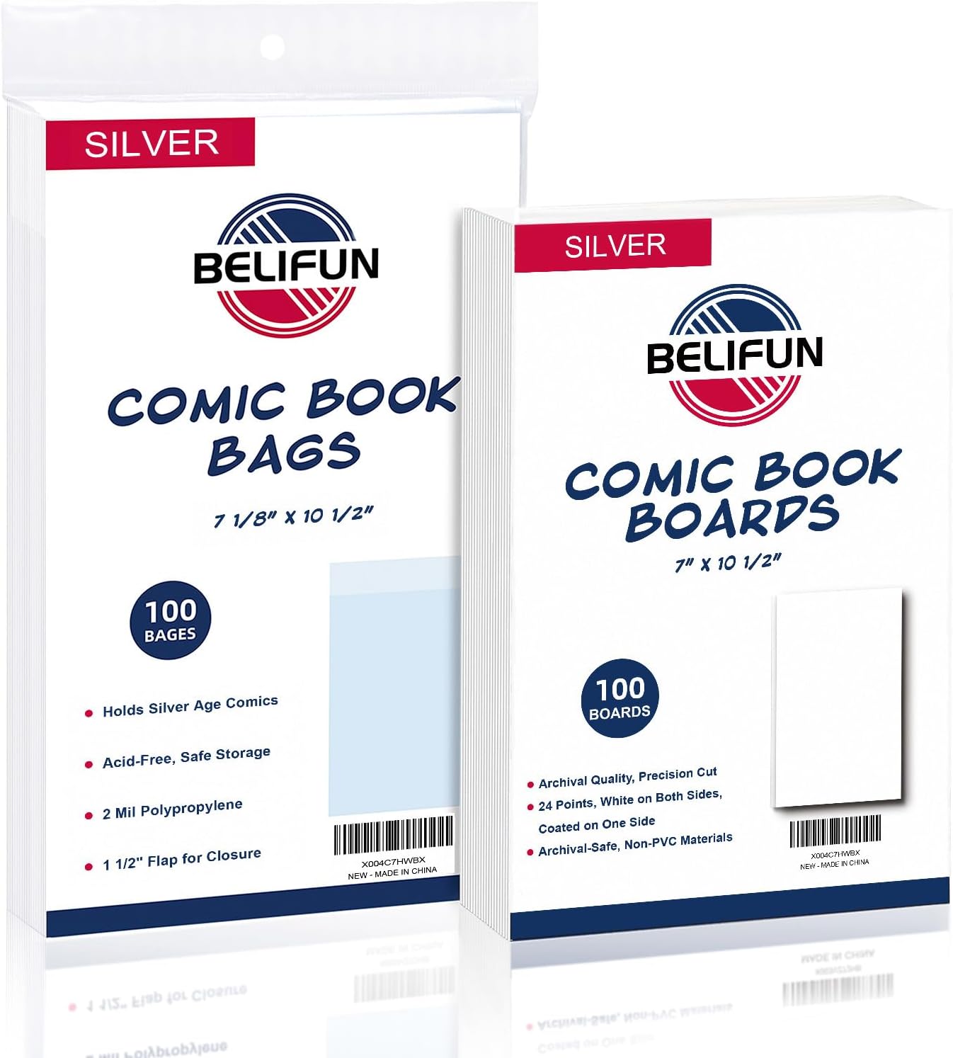 100 Silver Age Comic Book Bags and Boards - Reusable Comic Book Boards and Bags for Comic Book Storage with 1 1/2" Flap Comic Bag and Backing Board, Clear Protector and Protective Board Cardboard